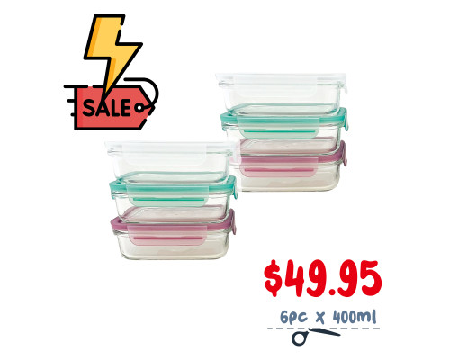 SPECIAL OFFER - 6PC x 400ml Piece Tempered Rectangle Glass Container